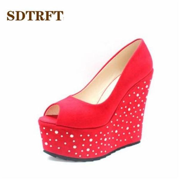 

dress shoes sdtrft diamonds platforms pumps peep toe woman 15cm wedges zapatos mujer ankle strap stiletto small yards:30,31,32,33-43, Black