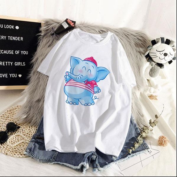 

kawaii elephant print womens t shirts short sleeve round neck harajuku ulzzang clothing camisas mujer, White