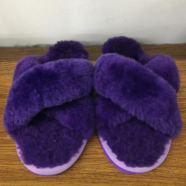 

100% natural sheep fur slippers winter warm indoor slides plush furry soft flat shoes high quality, Black