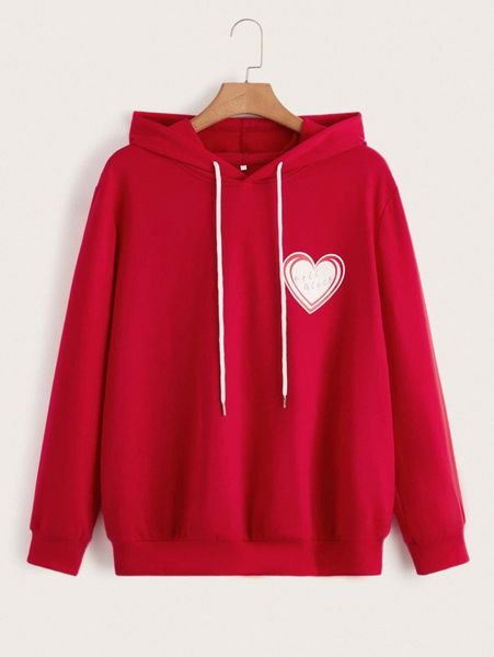 

plus letter & heart print drop shoulder drawstring hoodie m7bd#, Black