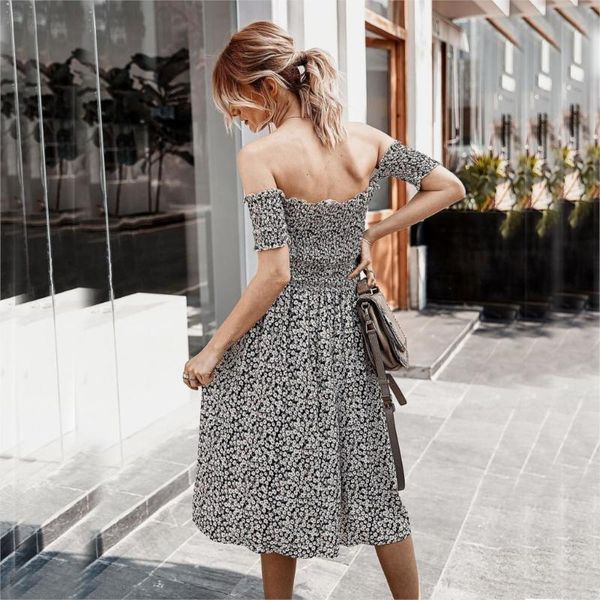 

casual dresses bohe women's pleated dress, flower print off shoulder, fashion, vacation and beach, 2021, Black;gray