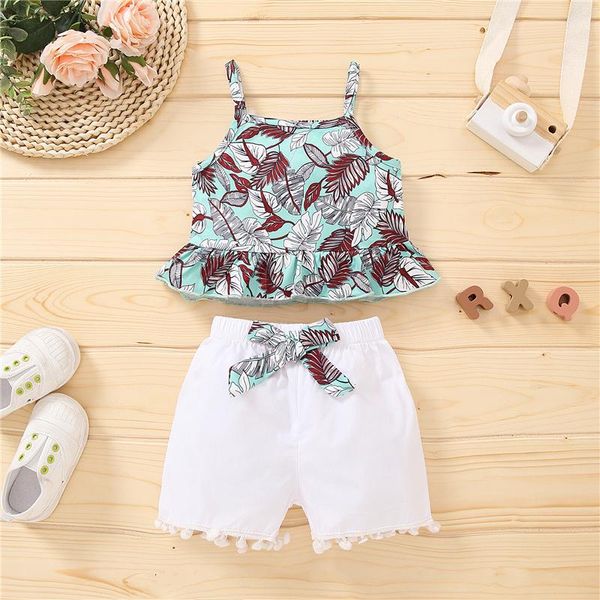 

baby girls clothes set two-pieces, fashion blue leaves printed pattern boat neck sleeveless and white elastic waist shorts clothing set