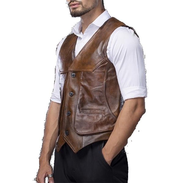 Pedaço Grande de Couro Genuíno Vest Colete Mens Fit Real Cowhide Waistcoat Ciclistas Tamanho L-8XL Jaqueta Sem Mangas 210923