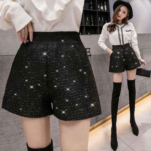 

solid shorts women outside female wear 2021 autumn spring high waist wide legs black woolen women's, White;black