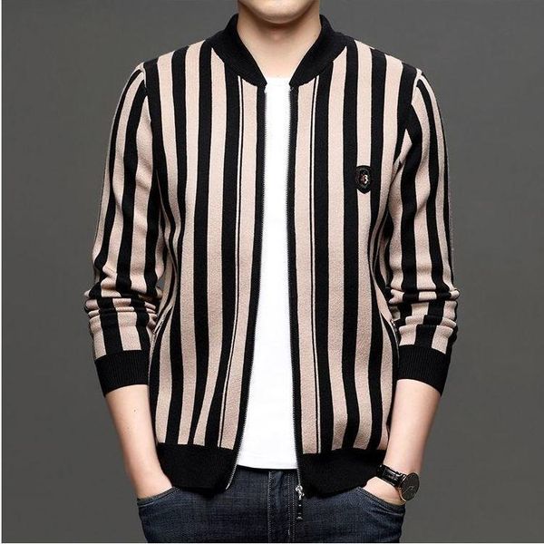 

vertical stripe cardigan men fall and winter korean version slim fashion wear sweater baseball collar zip jacket men's jackets, Black;brown