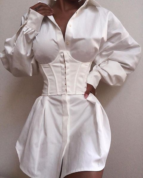 

casual dresses 2021 shirt dress women elegant white mini female party workwear solid long sleeve tight waist buttoned, Black;gray