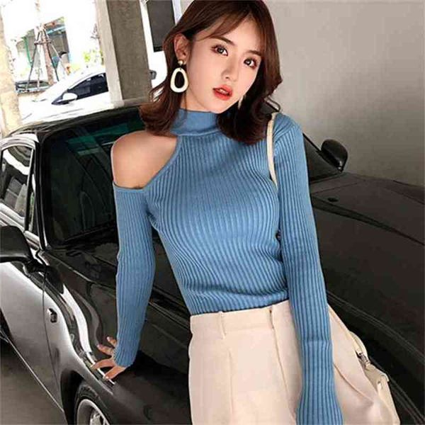 

strapless stand collar knitted sweater female long-sleeved hollow slim slimming bottoming pullover women spring 210427, White;black