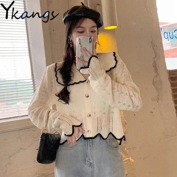 

women's knits & tees retro thin women knit y2k all-match hollow lotus leaf collar long-sleeved fashion casual single breasted ladies ca, White
