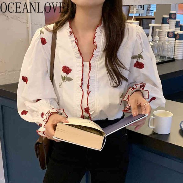 

embroidered floral v neck blusas puff sleeve korean vintage spring ropa mujer chic buttons women blouses sweet 210415, White