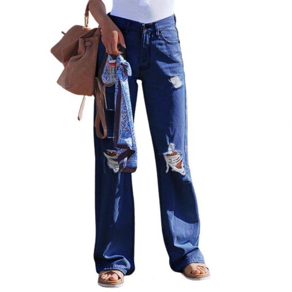 

women's jeans plus size women high waist y2k style denim ripped summer long trousers straight wide leg hole pants autumn, Blue