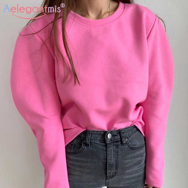 

aelegantmis casual puff sleeve sweatshirt women pink o neck loose pullovers korean oversized solid long bf 3 colors 210607, Black