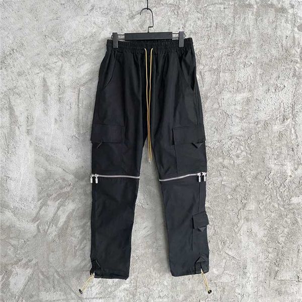 

men's pants rhude male pants removable pill drawstring zipper multifunctional load tabbed men's clothing overalls 2021, Black