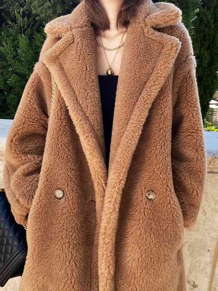 

women's fur & faux pink long teddy bear jacket coat winter thick warm oversized chunky outerwear overcoat lambswool coats lspw, Black
