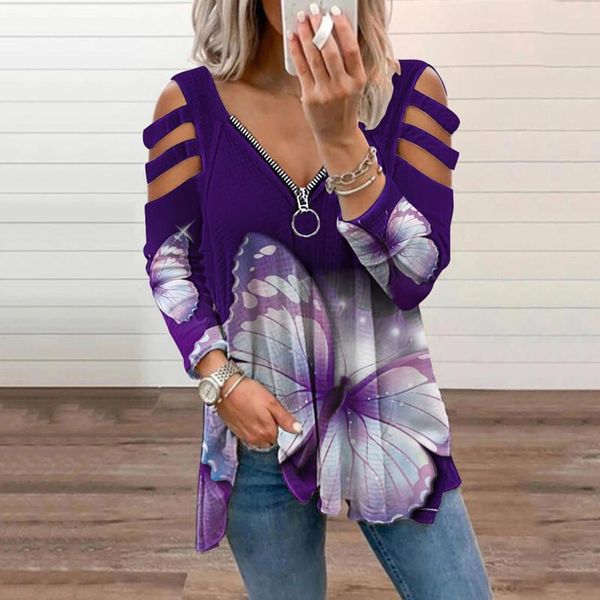 

women's blouses & shirts women 2021 casual shirt fashion strapless v-neck butterfly print zipper long sleeve et chemises, White