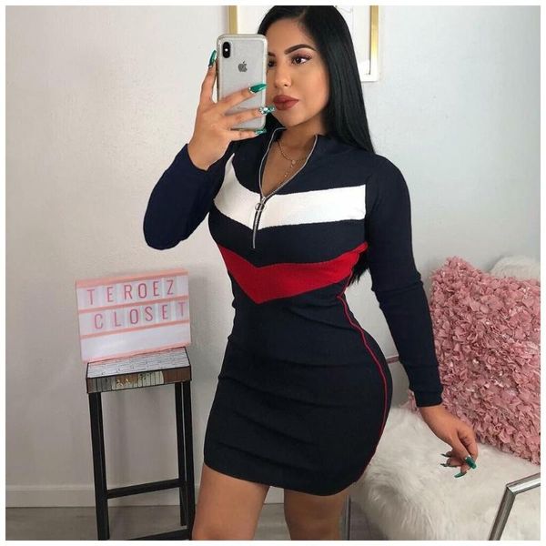 

casual dresses vestido de festa none summer dress full 2021 european and american women slim stitching zipper female long sleeve, Black;gray