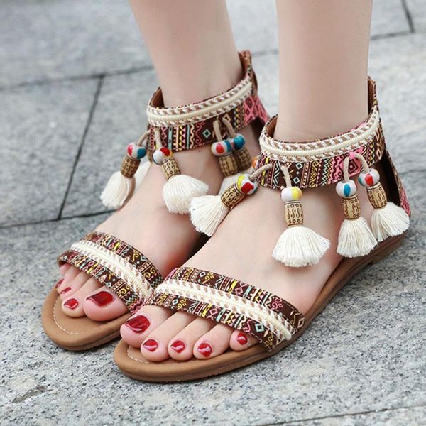 

ladies luxury bohemian sandals 2021 tassel rhinestone ethnic roman flat sandalias rasteirinha teenagers hippie shoes, Black