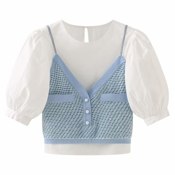 

women's polos spring summer 2021 women' fresh temperament fake two pieces knitted vest and short sleeve t-shirt female casual top, White