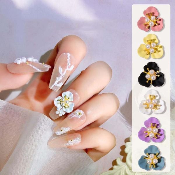 

nail art decorations 2pcs exquisite three petal flower pearl rhinestones colorful elegant alloy manicure ornaments, Silver;gold