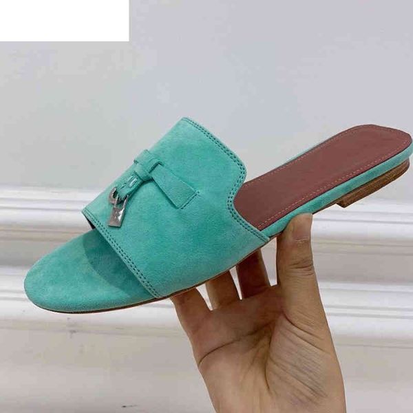 

sandals beach shoes real kid suede flat slippers women metal lock leisure summer comfort vacation shoes lazy mules 2021 4yzf, Black