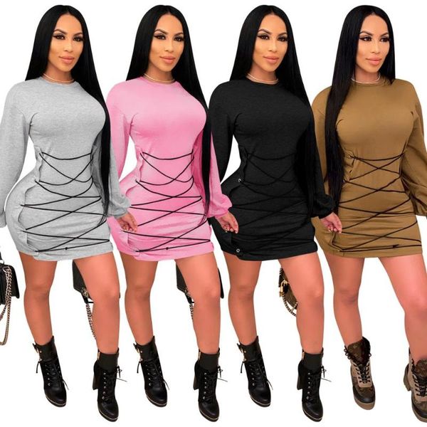

casual dresses echoine fall bandage cross lace up mini dress lantern sleeve fitness vintage vestidos party clubwear outfits street, Black;gray