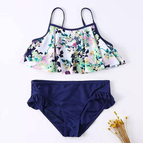 

11-12 years girl swimsuit kids flounce two piece children's swimwear floral bikini set ruffle girls bathing suit beachwear one-piece su