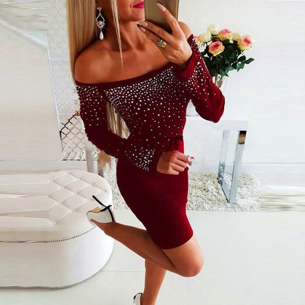 

casual dresses diamonds bodycon dress women knit solid color off shoulder long sleeve mini elegant party robe femme, Black;gray