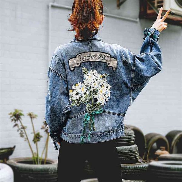 

autumn embroidery flower cowboy loose coat female denim jeans jacket women chaqueta mujer streetwear boyfriend large sizes 210804, Black;brown