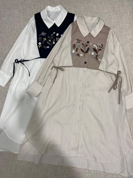 

flowers embroidered long-sleeved dress female spring cotton casual dresses, Black;gray