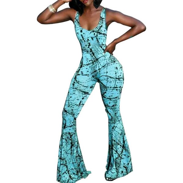 

women jumpsuit club printed flare backless plus size one piece bodysuit elegant summer sleeveless skinny party overalls women's jumpsui, Black;white