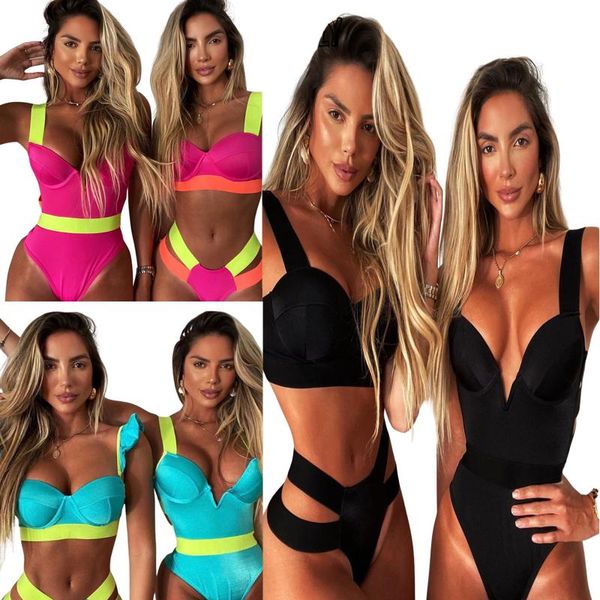 

one-piece suits patchwork two piece swimwear womens v-neck crop tank with hollowed side high waist e bottoms bathing suit