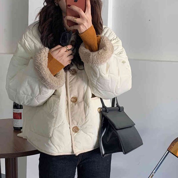

downs chic winter lamb wool elegant women bread clothe padded coat thick warm loose casual jacket female outwear top, Black