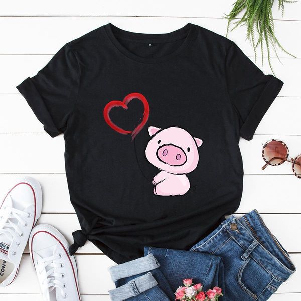 

cartoon tees love pig printing women t shirts plus size multi colors short sleeve lady casual loose, White