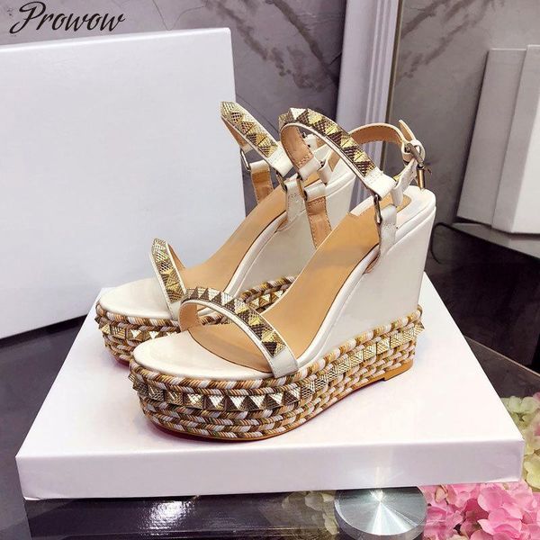 

prowow platform sandals women designer open toe rivet mixed color wedges shoes for runway high heels sexy, Black