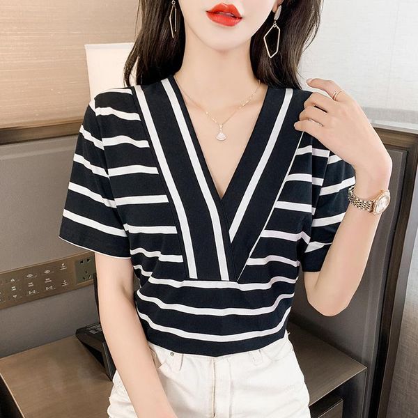 

women's t-shirt fashion stripe v collar women casual short sleeve tees 2021 summer splicing woman black white