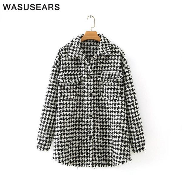 

korean style coat streetwear woolen women long houndstooth fall coats 2021 button up outerwear casual women's jackets, Black;brown