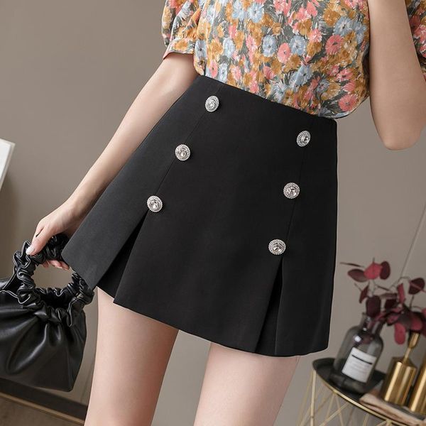 

women's shorts 2021 elegant fashion double breasted high waisted skirts womens summer culottes black white woman casual, White;black