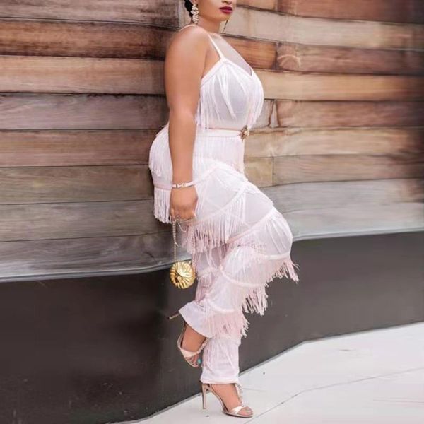 

plus size pants sling tassel jumpsuit women spaghetti v-neck bodycon backless bodysuit elegant overall nightclub wear, Black