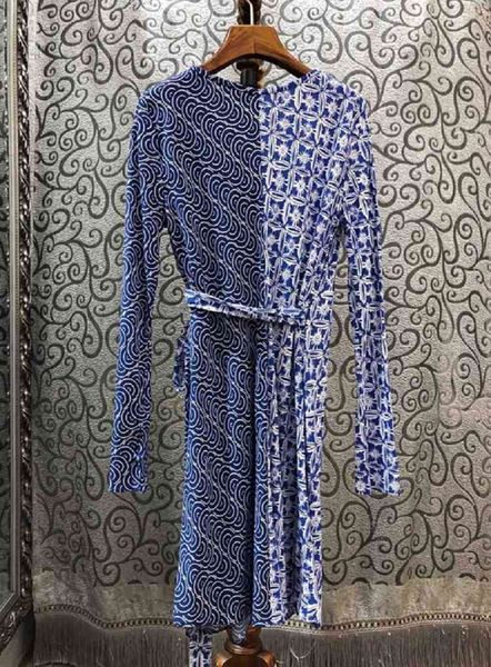 

dress long sleeve spring style women v-neck geometric prints bow waist deco slim fitted a-line casual blue dress clubwear, Black;gray