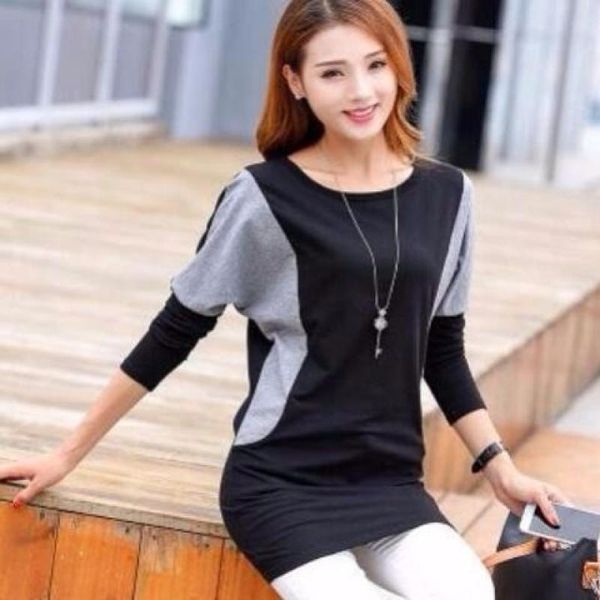 

women's t-shirt 2021 fashion splicing long sleeve loose korean style large spring winter bottoming shirt female, White