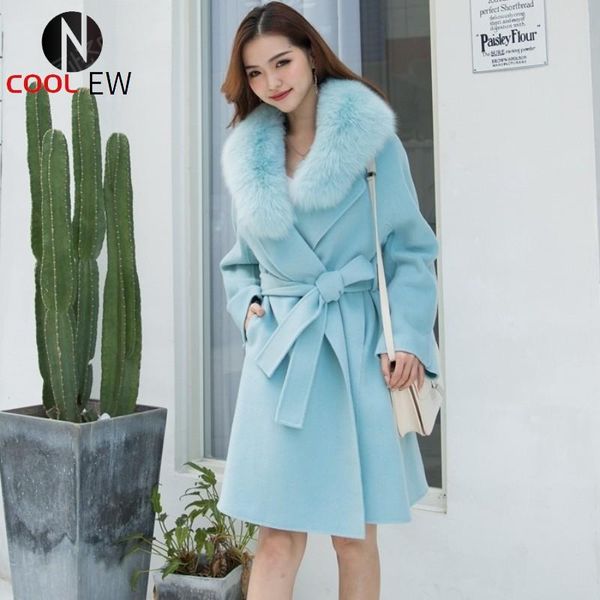 

women's fur & faux 2021 elegant women luxury cashmere coat winter wool with big collar autumn belt long female jacket fashion, Black