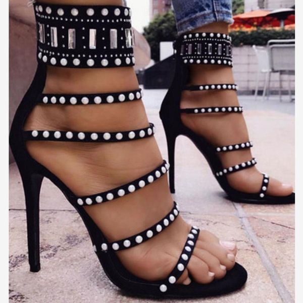 

fashion summer women sandals drilling beading casual flock zip thin heels 12cm high open toed shoes pumps, Black