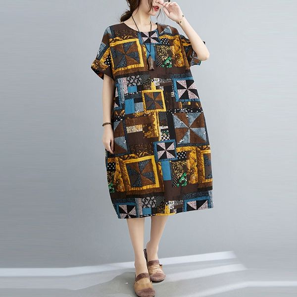 

women cotton linen casual dress new arrival summer indie folk style vintage print loose female holiday long dresses s3573 210412, Black;gray