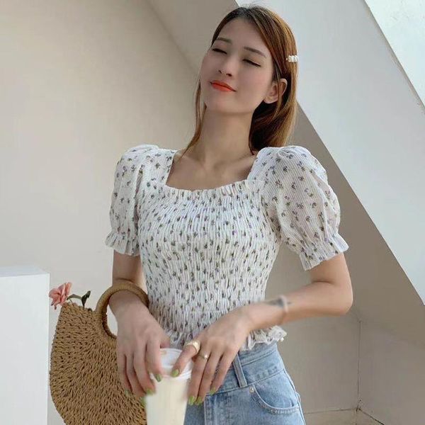 

summer women's holiday beach wear floral print square collar puff sleeve sweet short shirts arrival blouses &, White