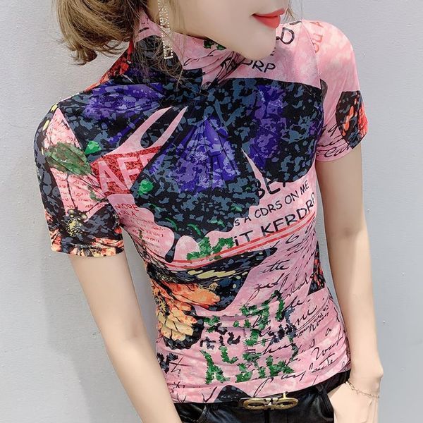 

european clothes fashion turtleneck womens t shirt print butterfly summer ropa mujer bottoming short tees t01011, White
