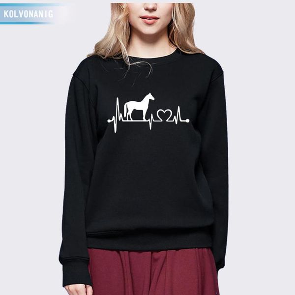 

women's hoodies & sweatshirts autumn winter horse heartbeat line printed cotton casual female sweatshirt women long sleeve clothes lad, Black