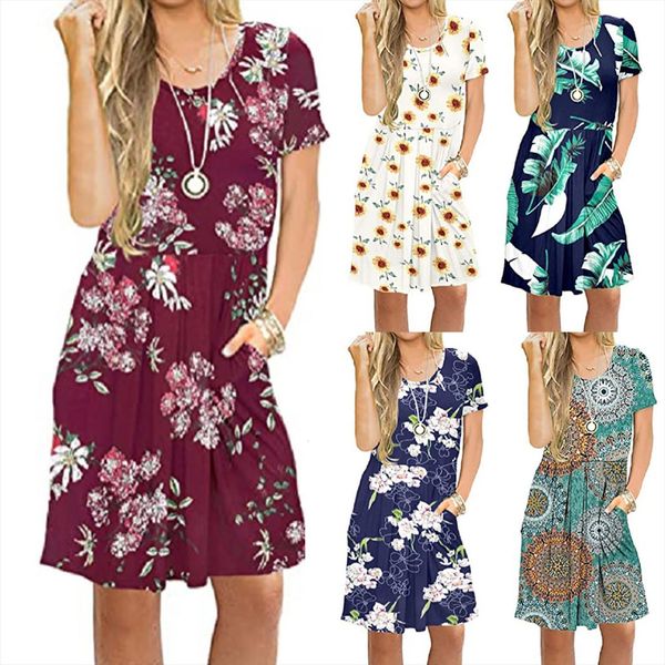 

short sleeve print pleated women dress plus size o neck loose casual pockets knee length vestido de mujer, Black;gray