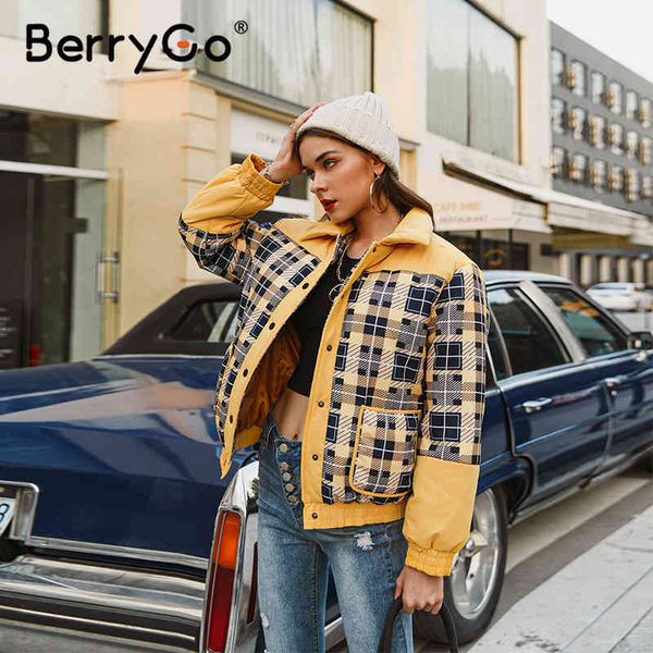 

berrygo casual plaid pattern autumn winter women parkas warm square neck long sleeve female jacket high street down jackets 210513, Black