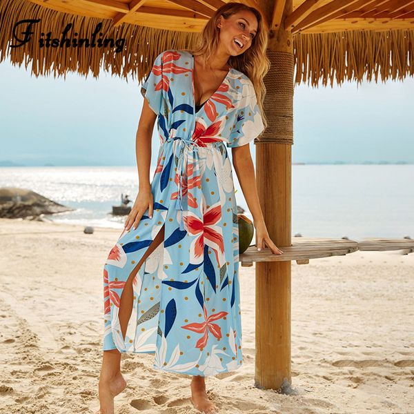 

fitshinling print flower beach kimono holiday bohemian bikini cover up swimwear dstring slim summer long dress women new