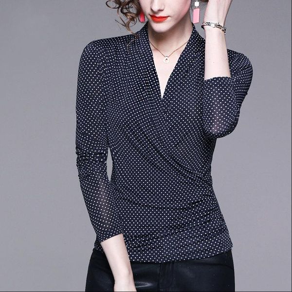 

spring autumn style elegant womens blouses slim temperament v neck polka dot korean dd8362, White