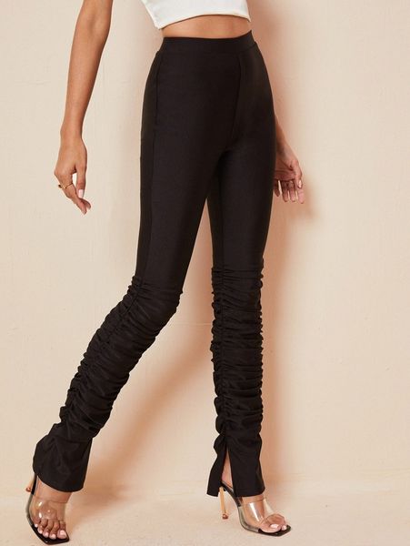 

solid ruched slit hem pants i79f#, Black;white